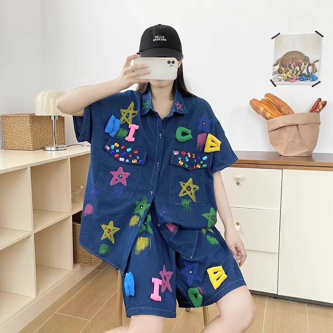 

Design Sense 2026 Spring New Denim Suit Loose Large Size Printing Hot Diamond Shirt Shorts Two-piece Set Fashion