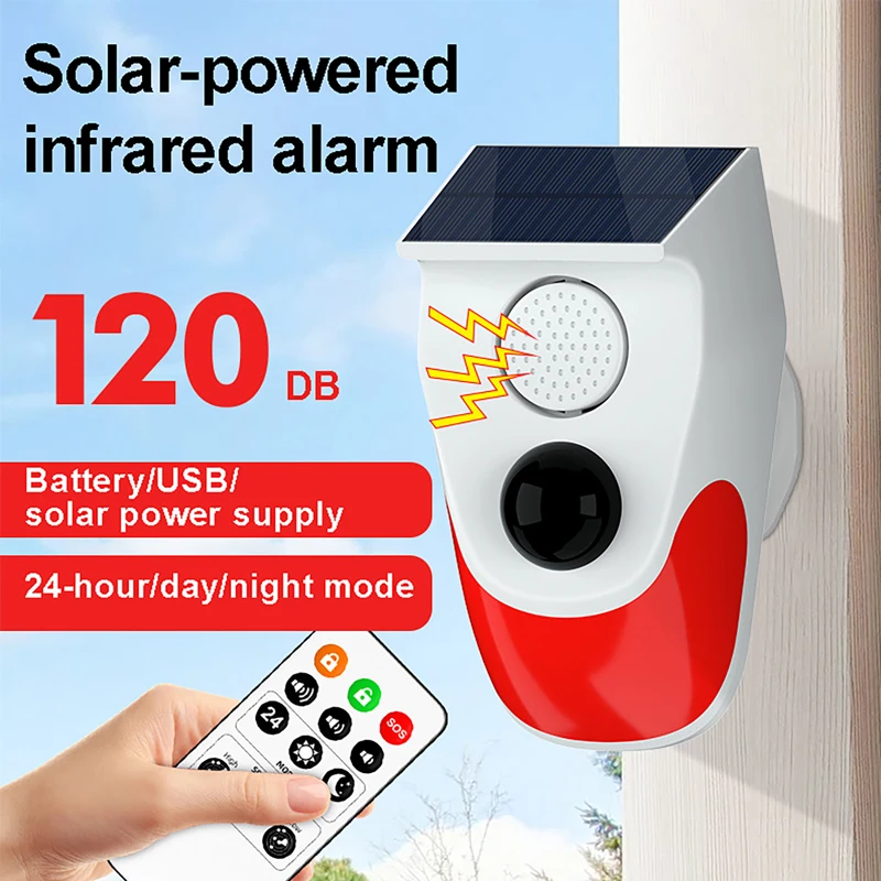 

Outdoor Use Solar Strobe Light with Remote Wireless 120db Alarm System Outside Weatherproof for Home Infrared Motion Sensor