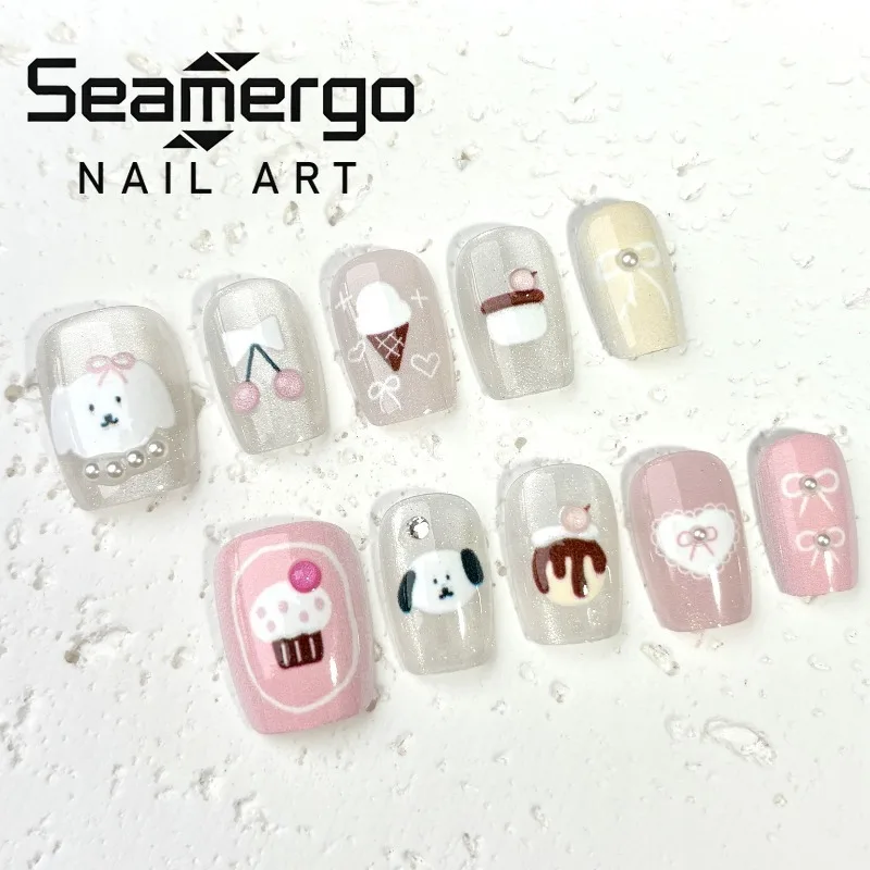 

24 шт. милых кремово-розовых накладных ногтей в стиле «Пушистый щенок», с дизайном «Торт с вишнями» и жемчугом, простые, блестящие, накладные ногти в стиле Ins, готовые к носке