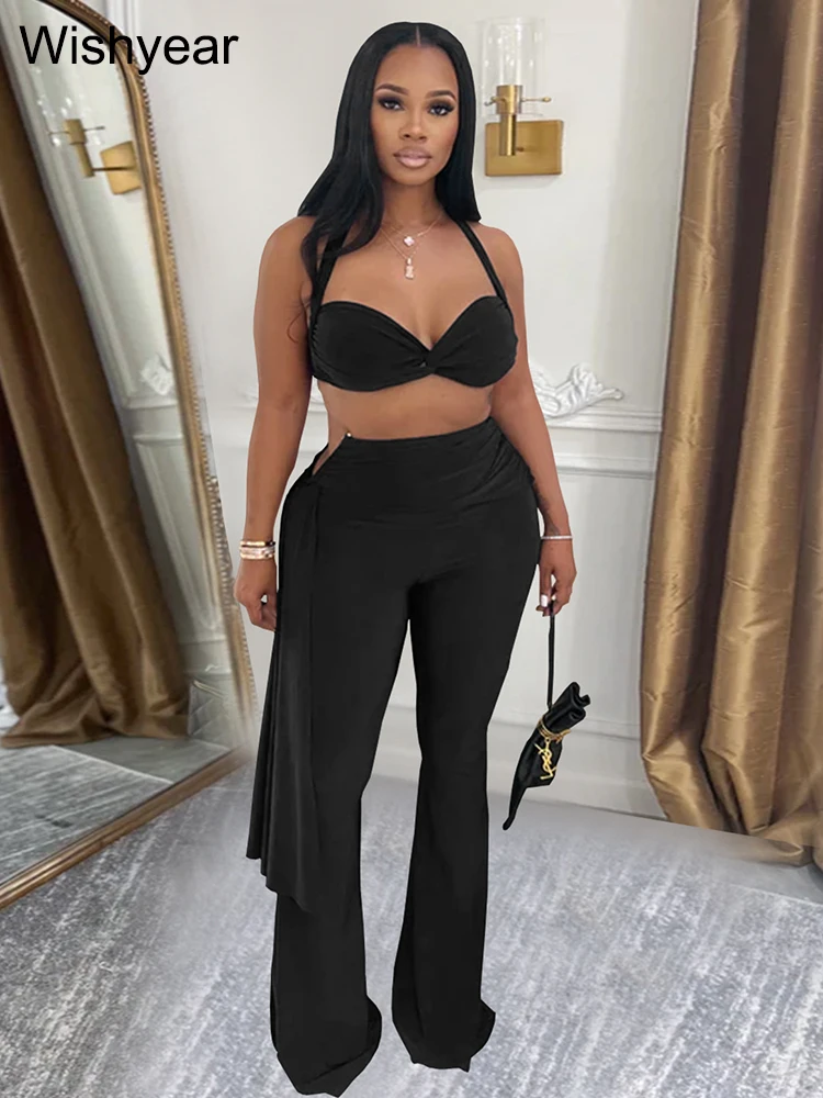 Wishyear Sexy Night Club 2 Piece Pants Set Women Halter Backless Knot Camisole and Flare Trousers Vacation Beach Party Outfits