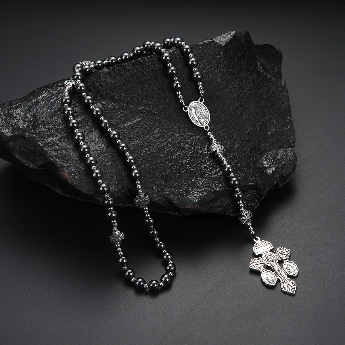بارد الأزياء الأسود الهيماتيت جولة الخرز الصليب قلادة سانت بنديكت قلادة للرجال والنساء الوردية #5