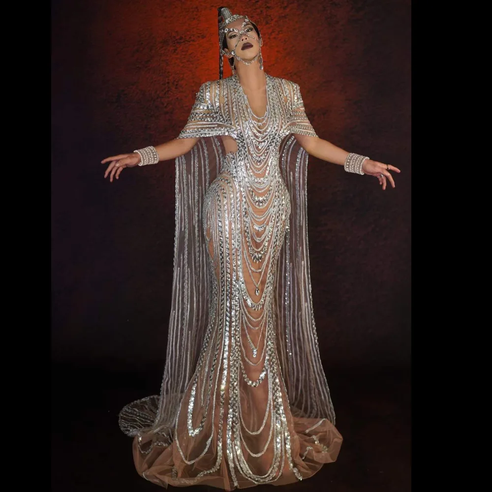 Robe longue sexy à paillettes argentées pour femmes avec châle, cristal, vêtements de festival de soirée, modèle de scène, olympiques magnifiques