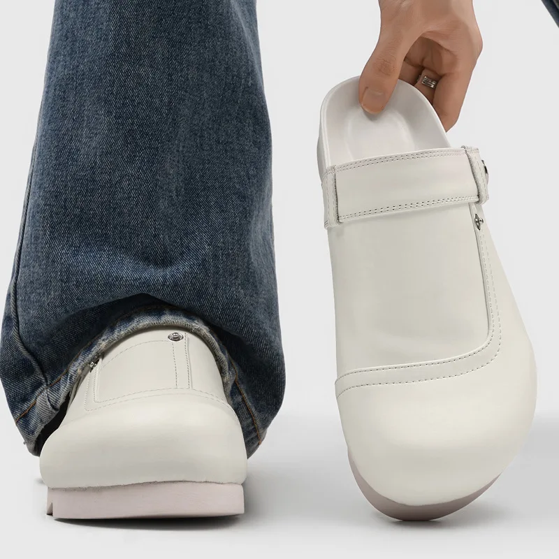 

Classic British Style Summer Street Style Outdoor Mules For Men's Black Hombre Daily Fashion Dress Flat Slippers Casual Shoes