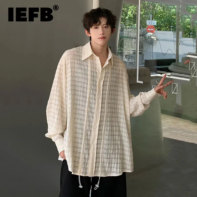 

IEFB Temperament Men's Long Sleeve Shirt Autumn Korean New Chic Lapel Shirt Personalized Drawstring Design Hollow-out 9C7008