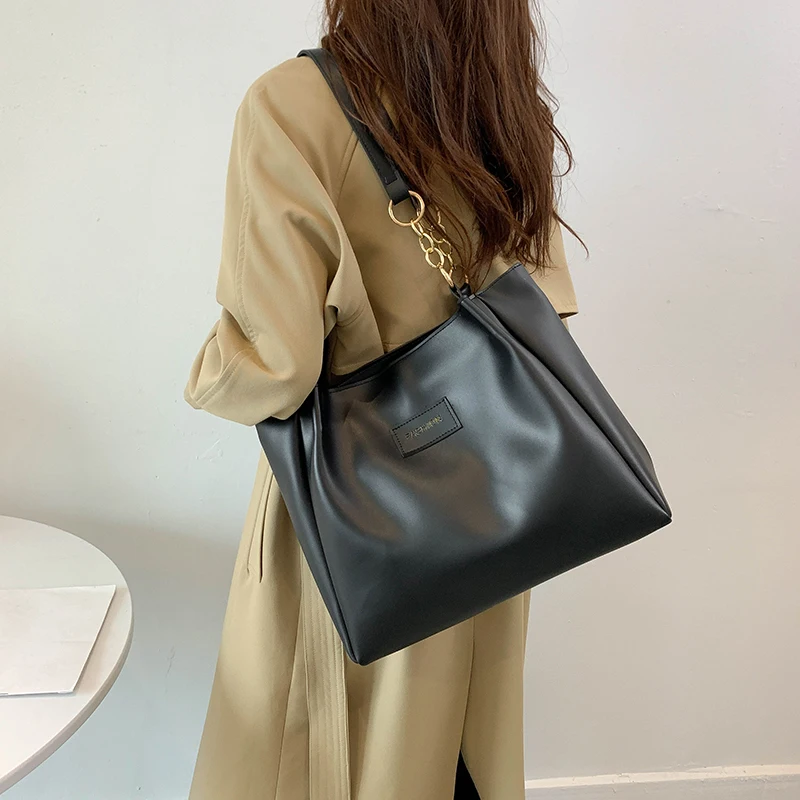 Large Pu Leather Shopper Shoulder Bag For Women Vintage Tote Designer Luxury Handbag Simple Black Brown Khaki Hand Bag Female