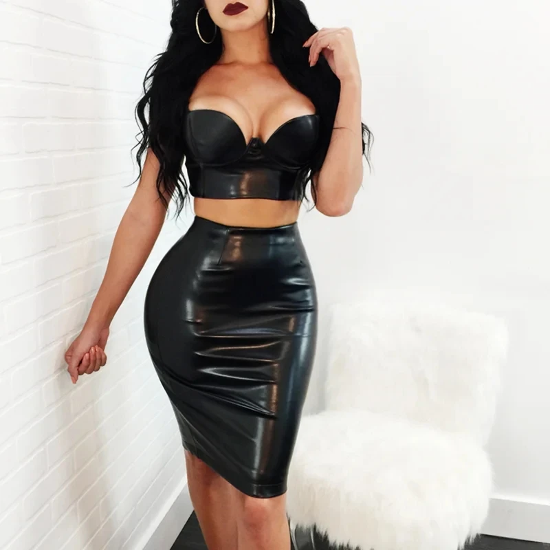 Sexy Shiny PU Leather Sexy Two Piece Set Women Sexy V Neck Strapless Crop Tops+Skinny Pag Hip Tight Skirts Midnight Party Suits