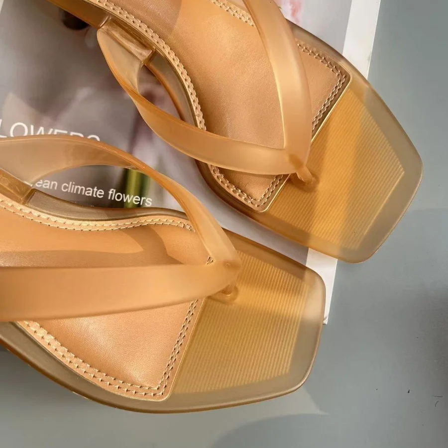 Korean Muted Tone Olive Green PVC Thong Sandals Women Clear Slim Kitten Heel Square Toe Backless Shoes Green Casual Flip Flops view 3