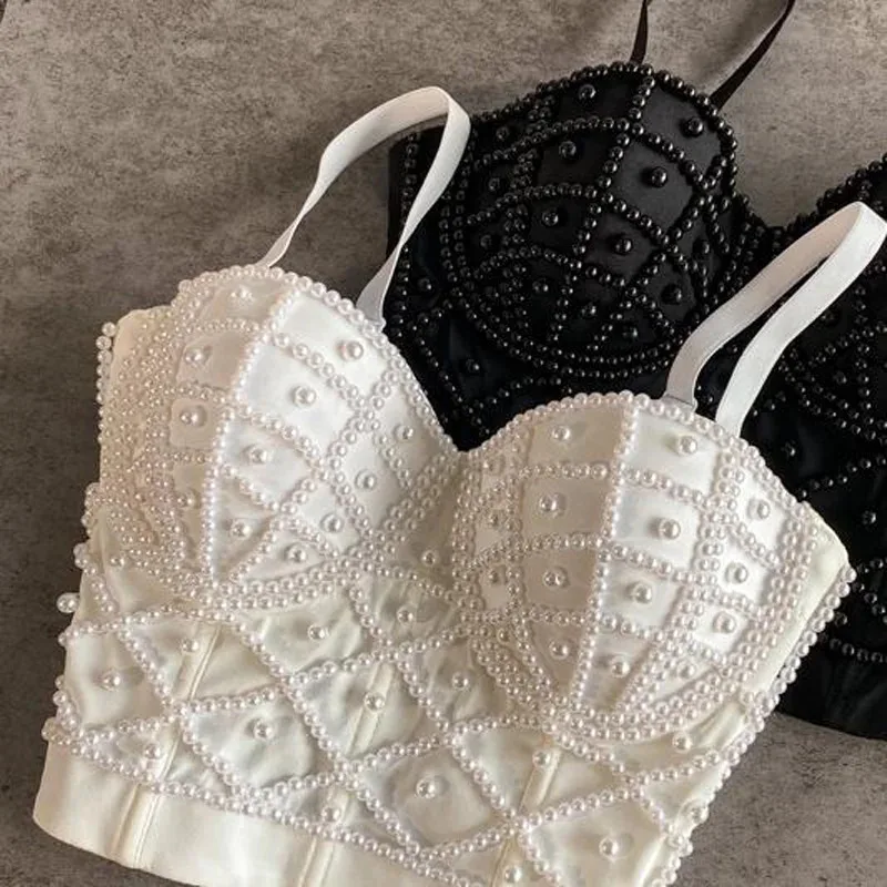 

Full Beaded Corset Top for Women Sexy Pearl Camisole Nightclub Short Chest Binder Lingerie Tube Bra