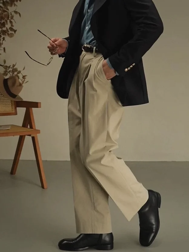 

High Waist Italian Neapolitan Men's Suit Pants Double Folded Loose Straight Casual Trousers Trendy Dark Button Design Sense