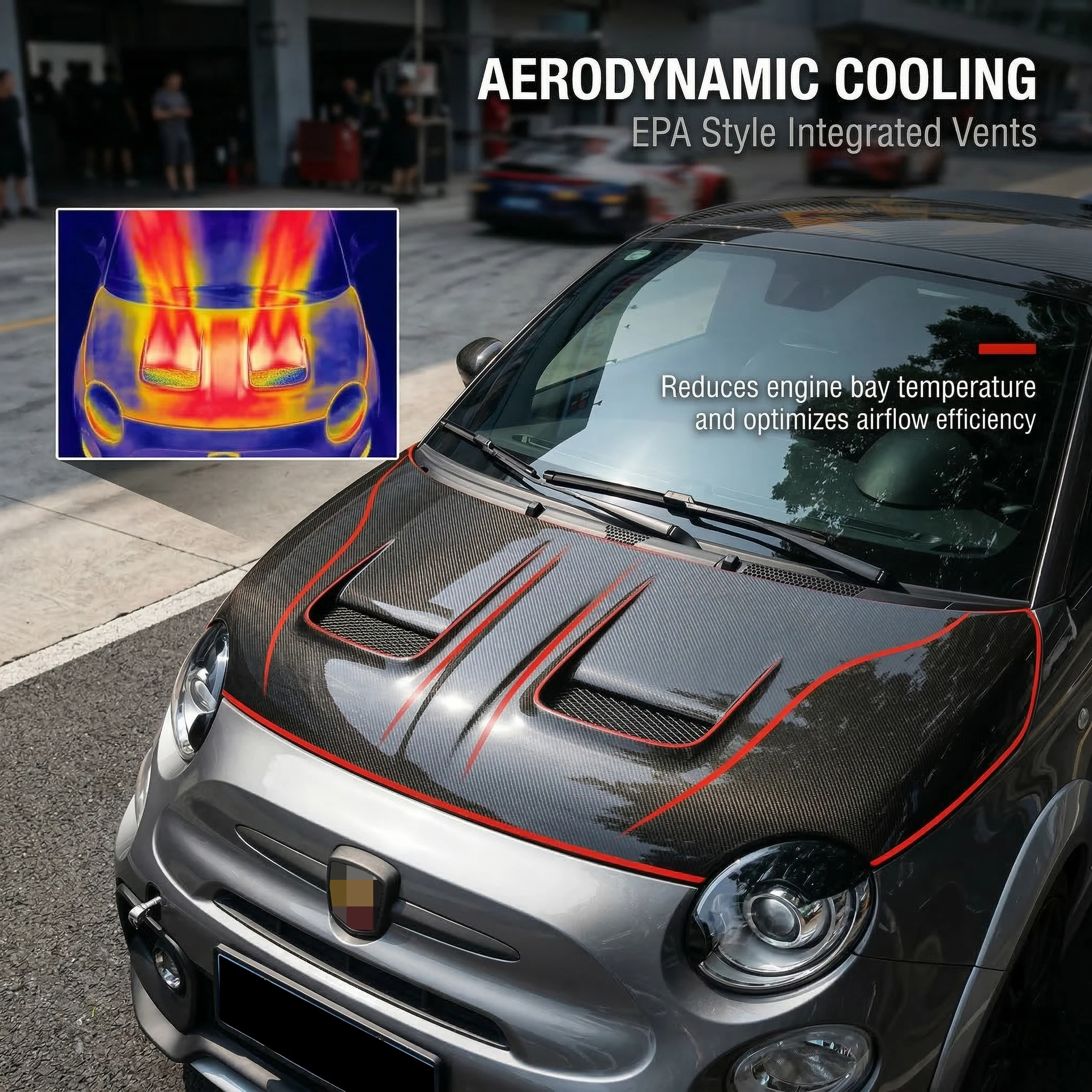 

Carbon Fiber Hood for Abarth 500/595/695, High Performance Lightweight Racing Modification Part, Original Fit Heat Dissipation