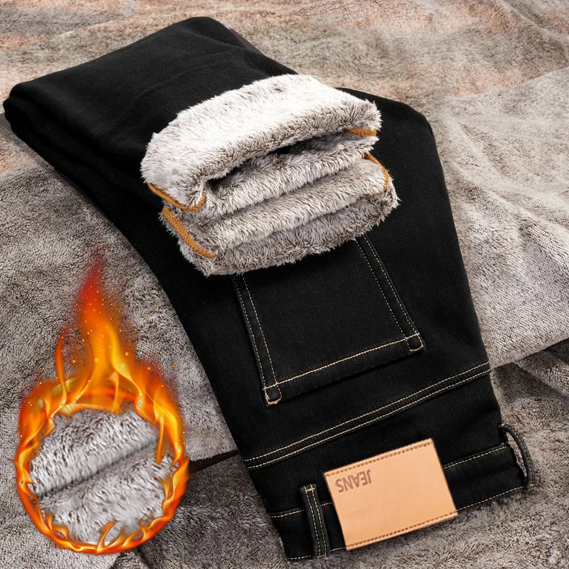 

Winter Men's Fleece Thick Straight Jeans Business Casual Velvet Warm Trousers Loose Classic Wool Plush Stretch Male Denim Pants
