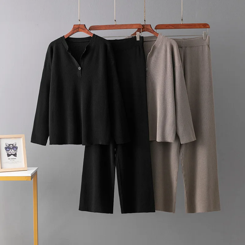 Autumn Winter Solid Color Sweater Suit Pit Strip Fashion V-Neck Fashion Sweater Loose Knitted Casual Pants Women Two-piece Sets