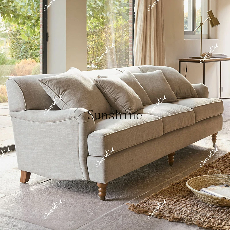American retro living room small apartment straight row simple household solid wood fabric sofa FT