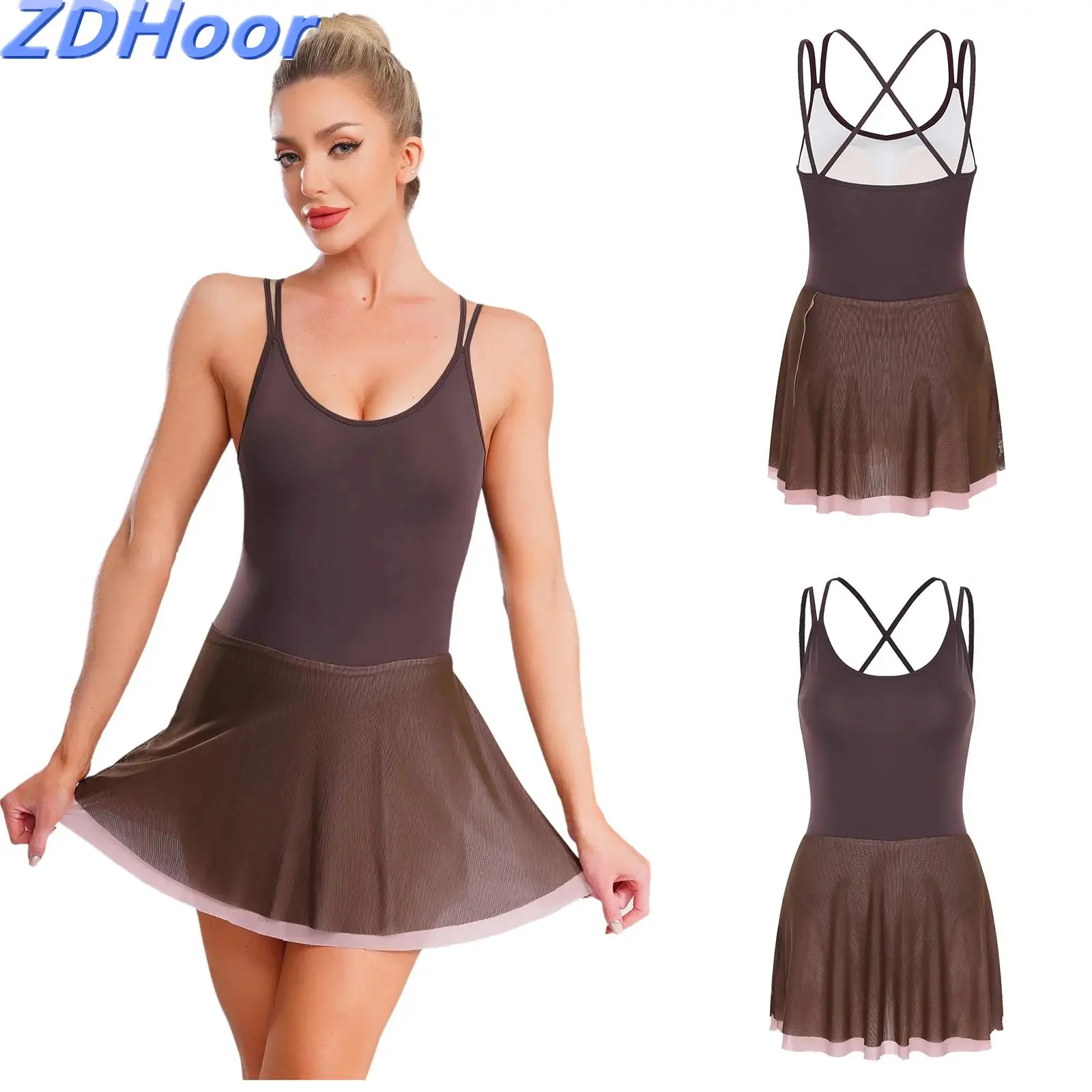 

Womens Ballet Dress Removable Pads Color Block Mesh Hem Built-in Briefs Leotard Dress for Lyrical Dance Class