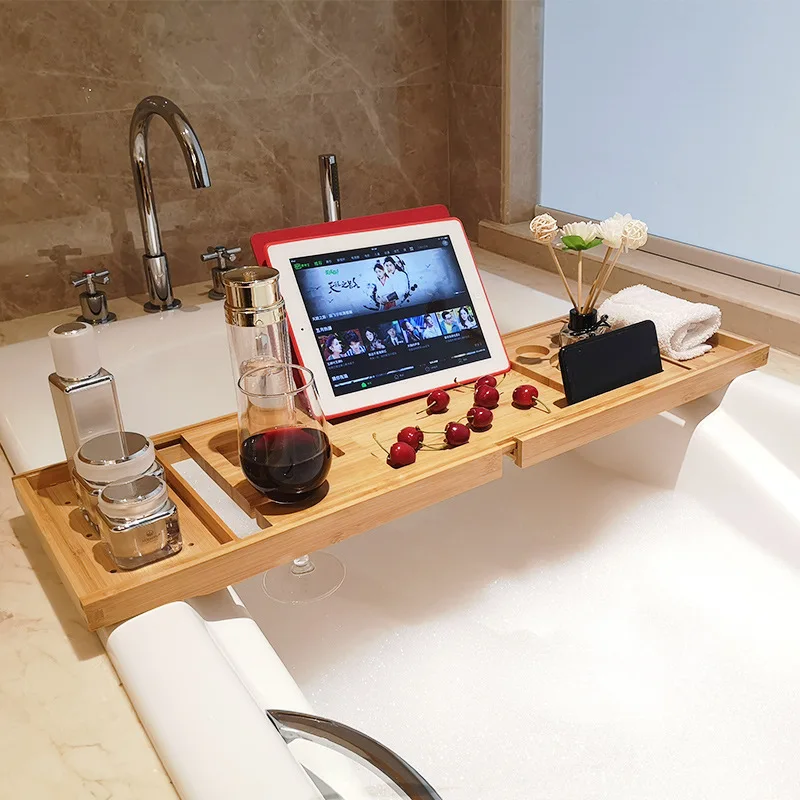 

Primary color bamboo smiley face bathtub rack, bath wine rack, mobile tablet holder,