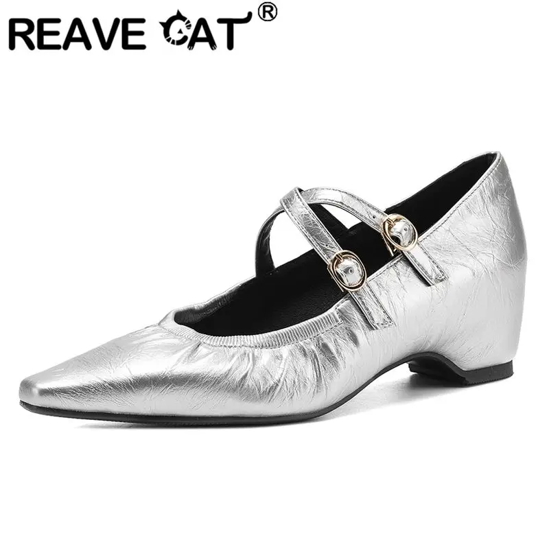 

REAVE CAT Silver Women Pumps Square Toe 5cm Wedges Heeled Buckle Strap Plus Size 40 41 Sexy Dating Party Female Shoes Footwear