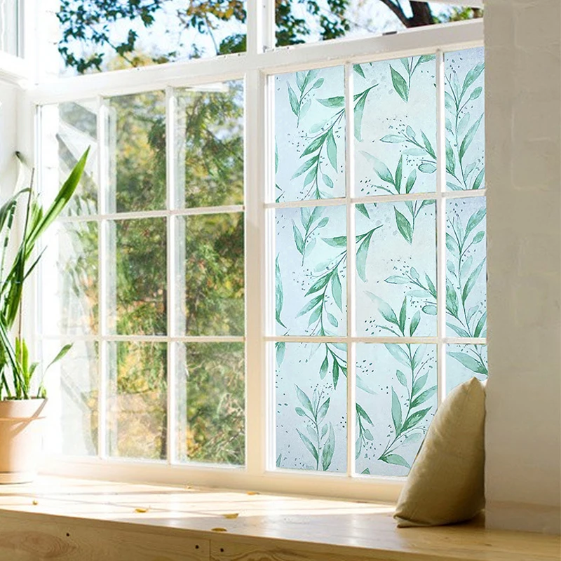 1Roll Frosted Foggy Green Leaves Window Film No Glue Anti-UV Window Sticker Decorative Sun Blocking Film for Home Kitchen Shower