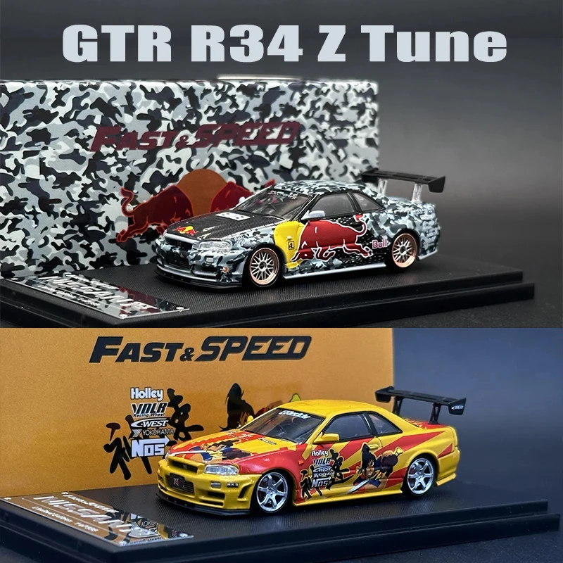 In Stock FS 1:64 Skyline GTR R34 Z Tune High Wing Bull SRS Diecast Diorama Car Model Collection Fast Speed