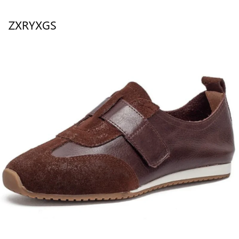 ZXRYXGS 2026 New Splicing Spell Colors Full Real Leather Shoes Flat Soft Sole Fashion Casual Sneakers Women's Travel Shoes Tide