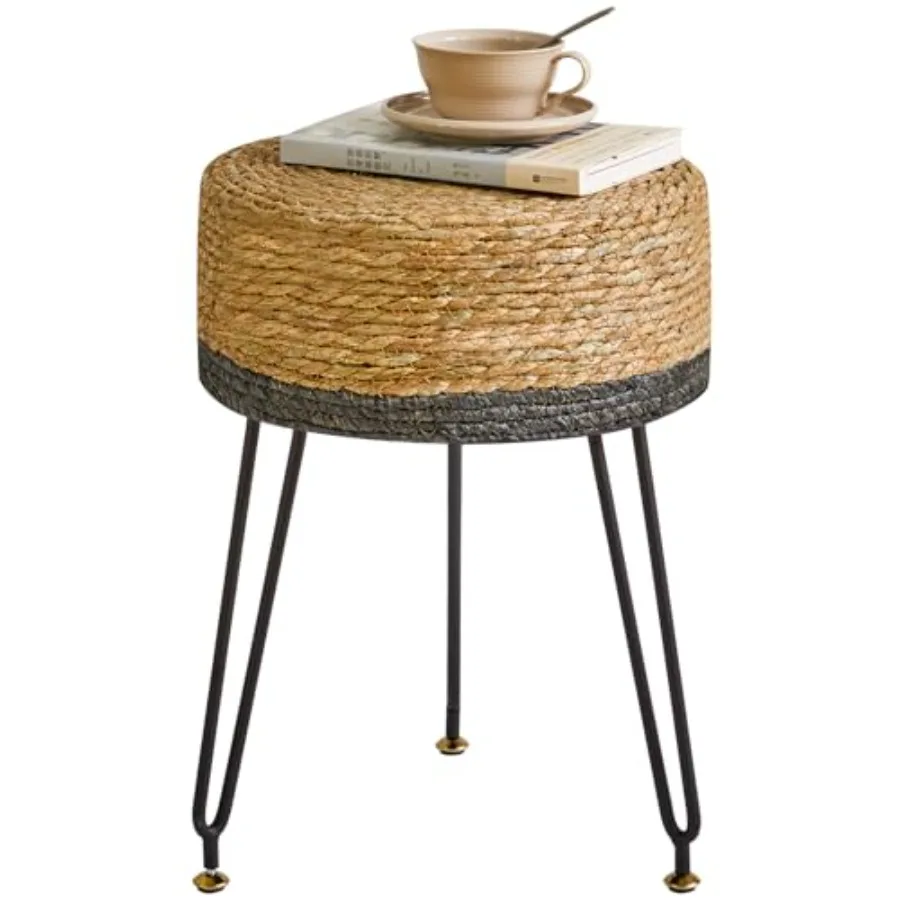 

Pouf Ottoman Handmade Natural Water Hyacinth Pastoral Style Footrest Footstool with 4 Metal Legs Round Vanity Stool for Bedroom