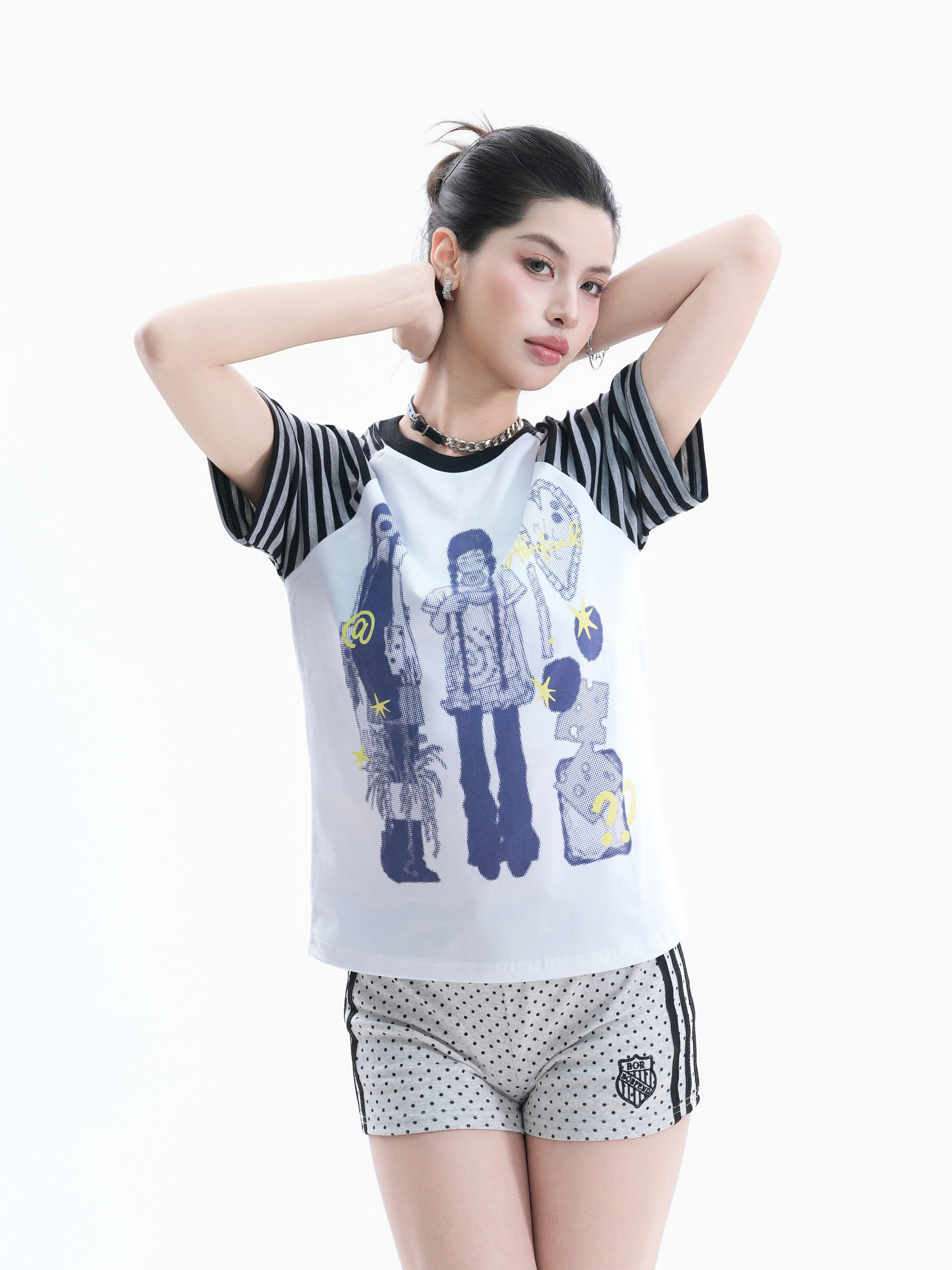 

Cool Graffiti Short Sleeve T-Shirt Women's Loose Fit Striped American Style Casual Cotton Top Shoulder Insert Design Summer T...