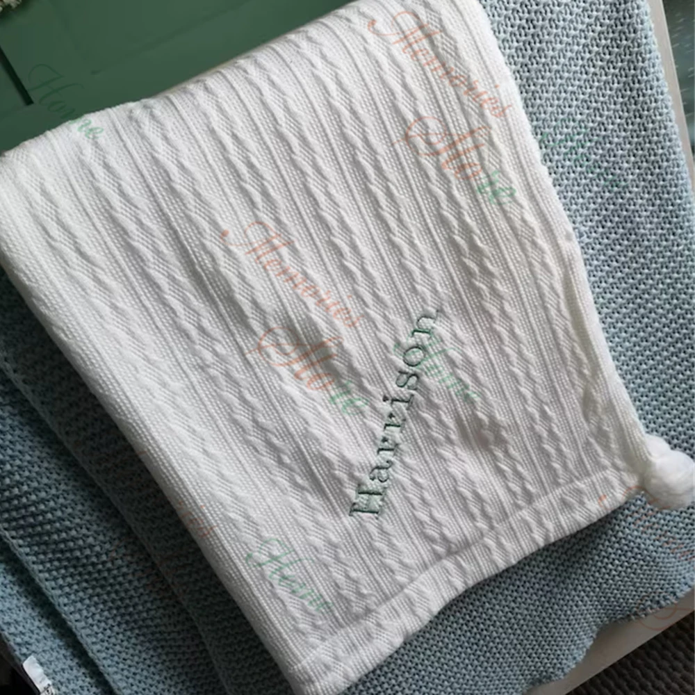 Baby Blanket Custom Embroidered Name Kids Pom Pom Soft Blanket Personalized Name Newborn Baby Shower Party Gift Stroller Blanket