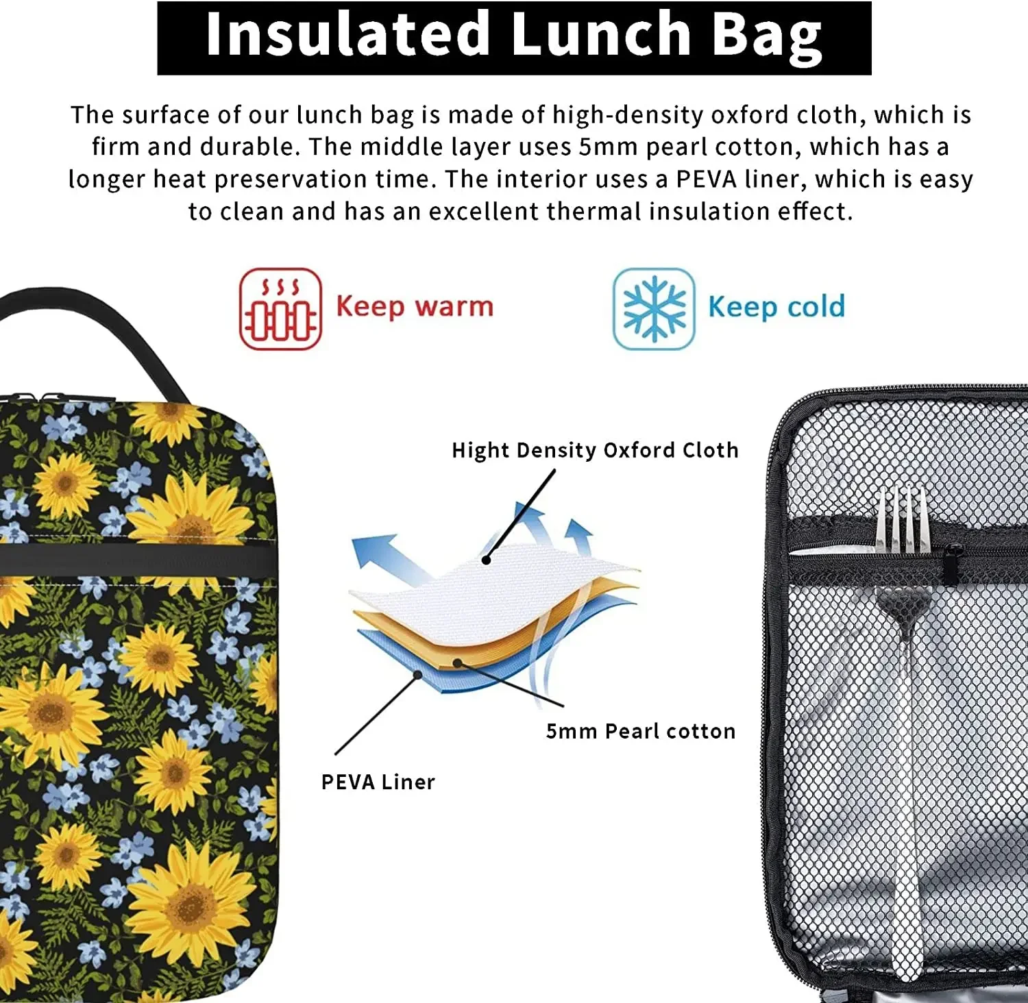 Sunflower Lunch Bag Tote Bag Lunch Bags for Women Lunch Box Insulated Container One Size Insulated Food Bag Cooler Bag