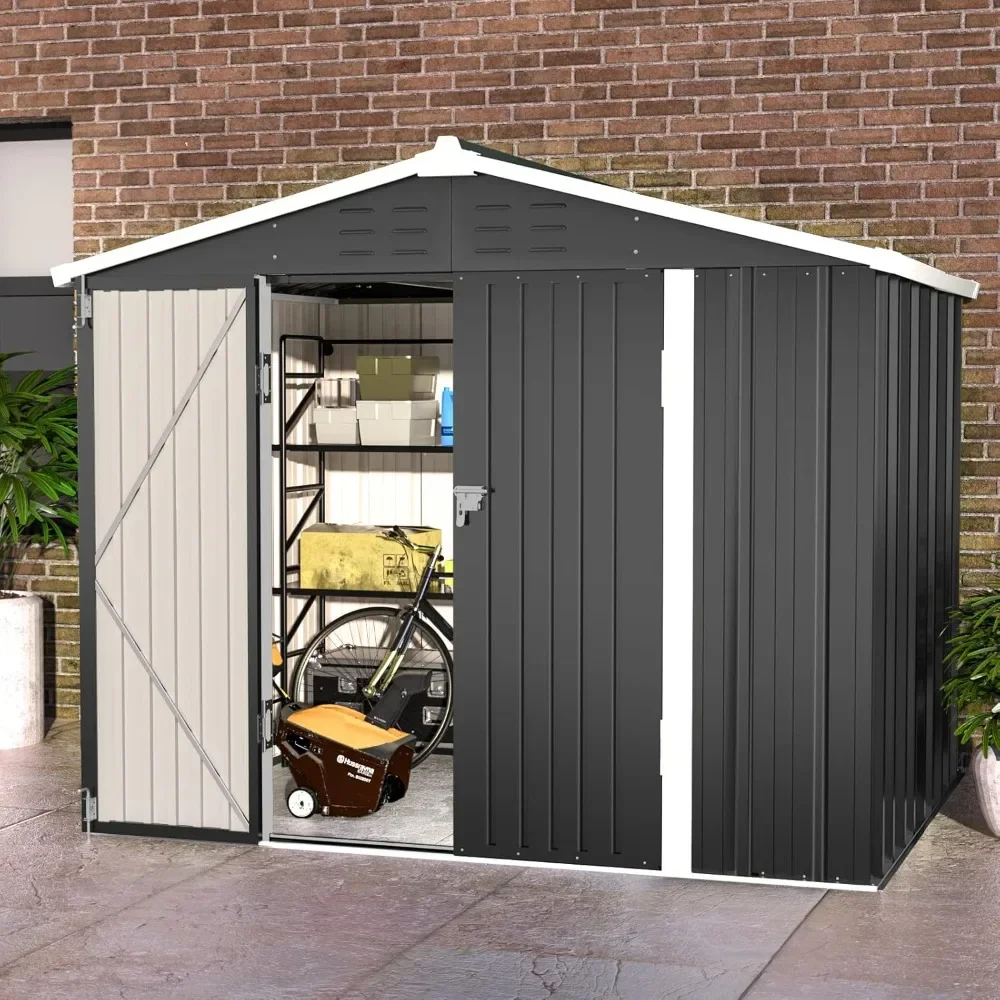 Metal Outdoor Storage Shed 8FT x 6FT, Outside Lockable Garden Shed Steel Anti-Corrosion Outdoor Storage House with Lockable Door