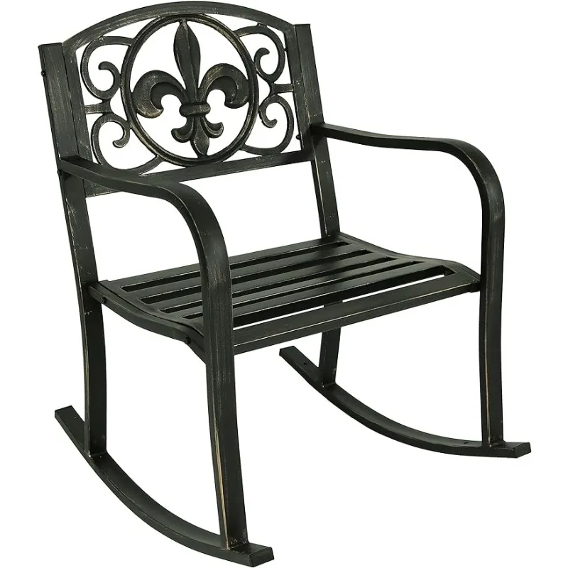 Sunnydaze Fleur-de-Lis Cast Iron and Steel Patio Rocking Chair - 275-Pound Weight Capacity - Black