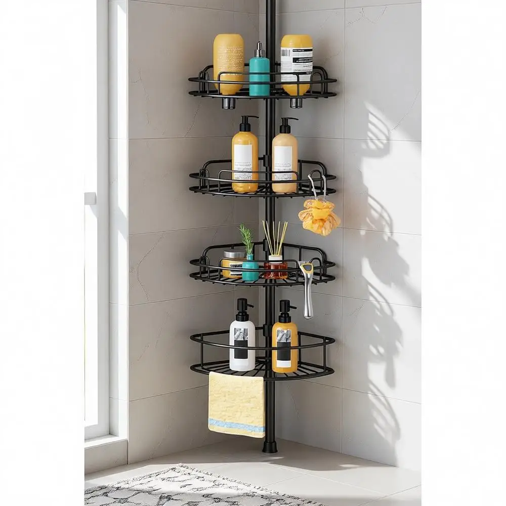 

Adjustable 4-Tier Tension Pole Shower Caddy - Rust-Resistant Bathroom Organizer for Renters - No Drill Required, 47-121 Inch, Bl