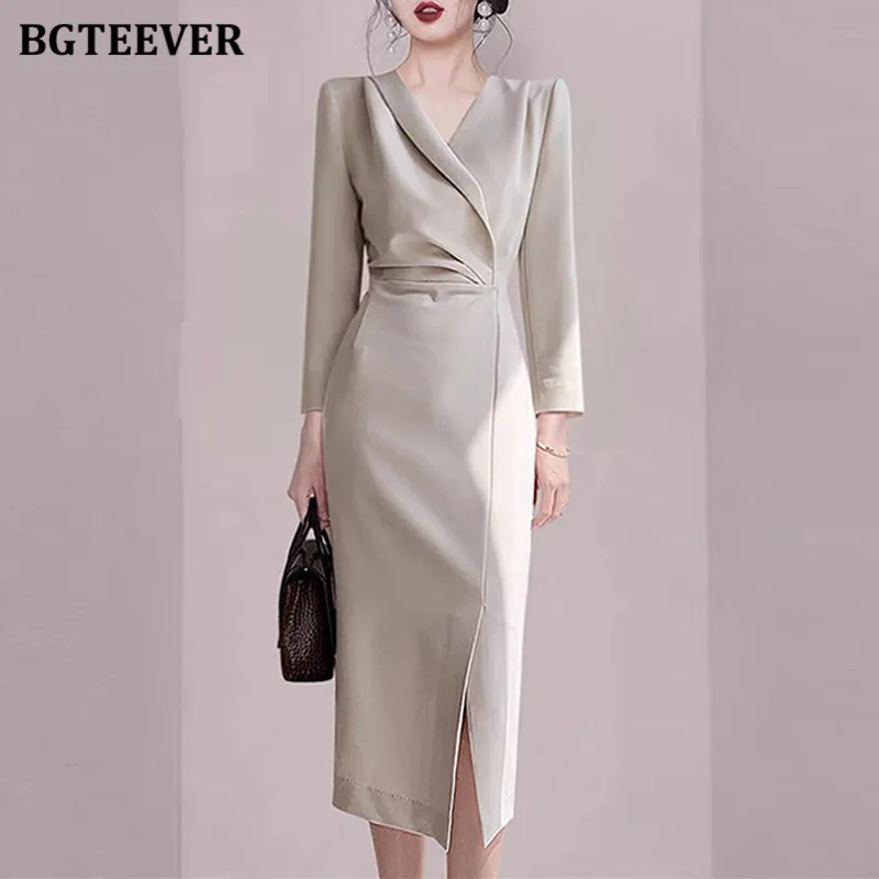 

BGTEEVER Fashion Elegant V-neck Long Sleeve Women Split Bodycon Dress Autumn Slim Waist Female Skinny Package Hip Midi Dress