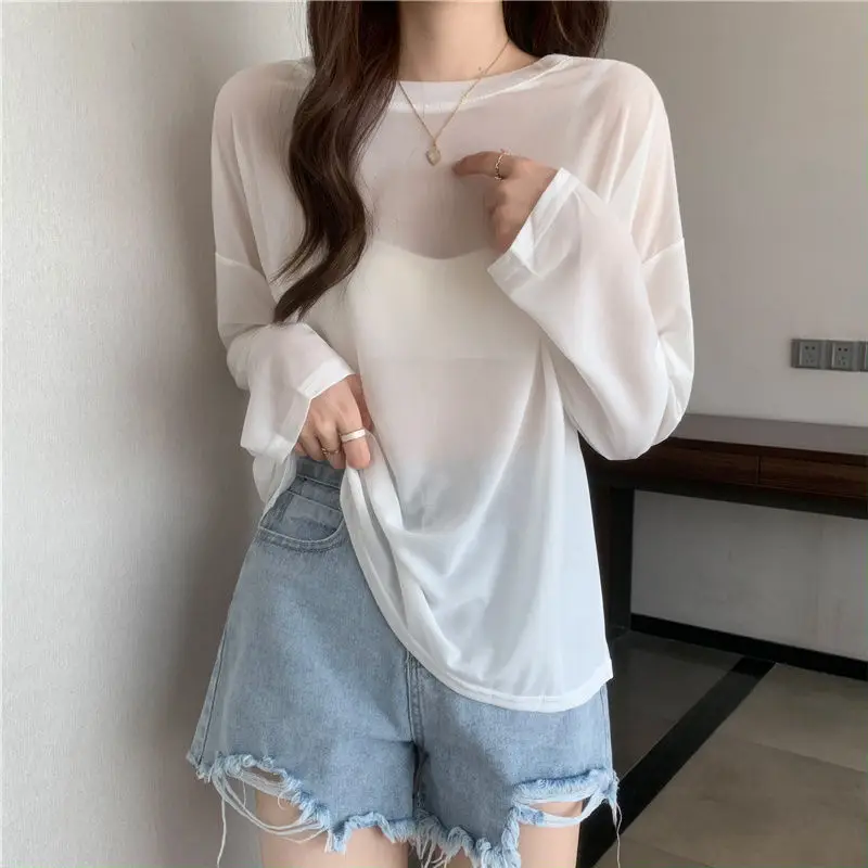 여성용 여름 화이트 루즈핏 긴팔 라운드넥 레이온 니트 탑 가벼운 자외선 차단 다용도 커버업 레이어링 셔츠