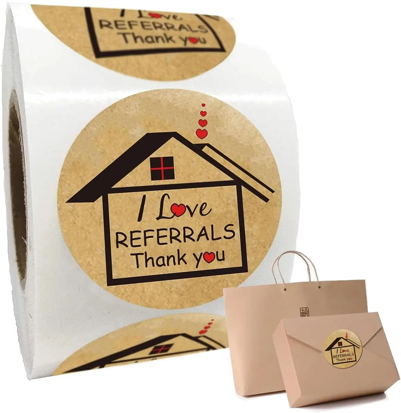 1.5inch I Love Referrals Stickers House Shaped Thank You Labels Kraft Real Estate House Stickers Business Seal Stickers 500pcs