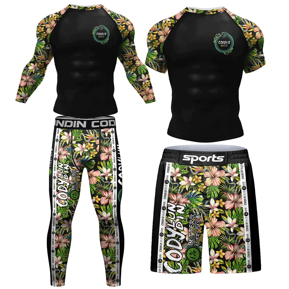 

New Men Compression Full Printing Boxing T Shirt+Shorts MMA BJJ Shirt Anti Abrasion T shirts NO GI Rash Guards Muay Thai Suits