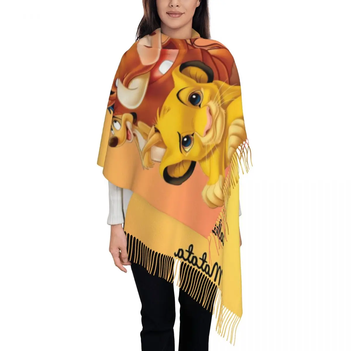 Niestandardowe kobiece długie szaliki King Lion Simba Kobiety Zimowe grube ciepłe szaliki z frędzlami Hakuna Matata Cartoon Movie Scarf