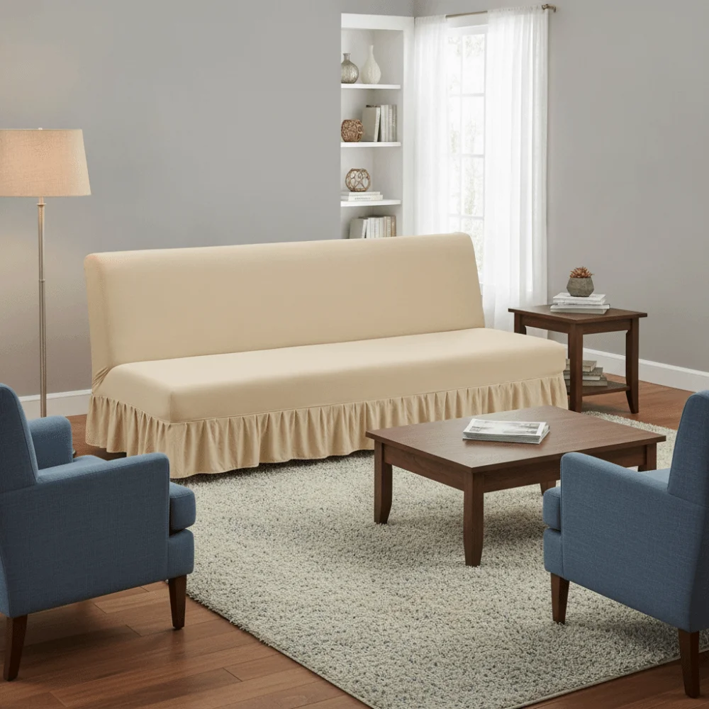Elastic Armless Futon Sofa Cover Skin-friendly Stain-resistant Sofa Slipcover with Skirt Breathable Folding Sofa Bed Cover Hotel