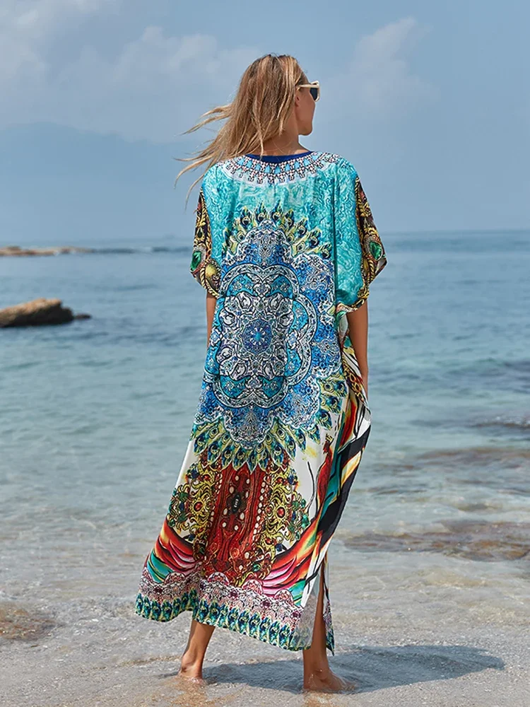 Cover-Ups 2024 Kaftan Dress For Women Robe Plage Caftans Swimsuit Cover Up Pareos Beachwear Bathing Suit Women Maxi Dress