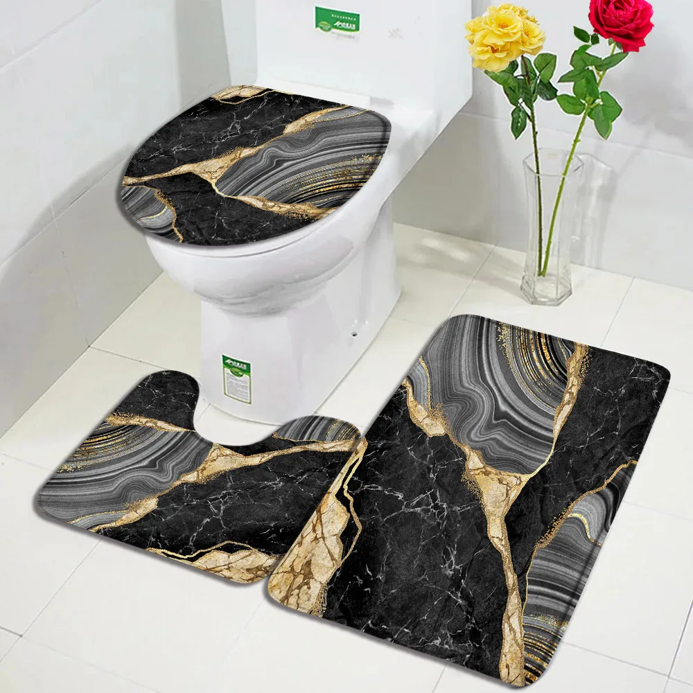 Black Marble Bath Mat Set Gold Grey Textured Abstract Art Pattern Modern Home Bathroom Decor Floor Non-slip Rug Toilet Lid Cover