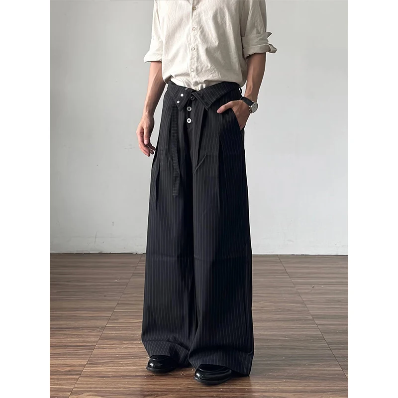 American Stripe Belted High Waist Casual Pants Men's Loose Straight Leg Drapey Wrinkles Commuting Long Trousers Youth