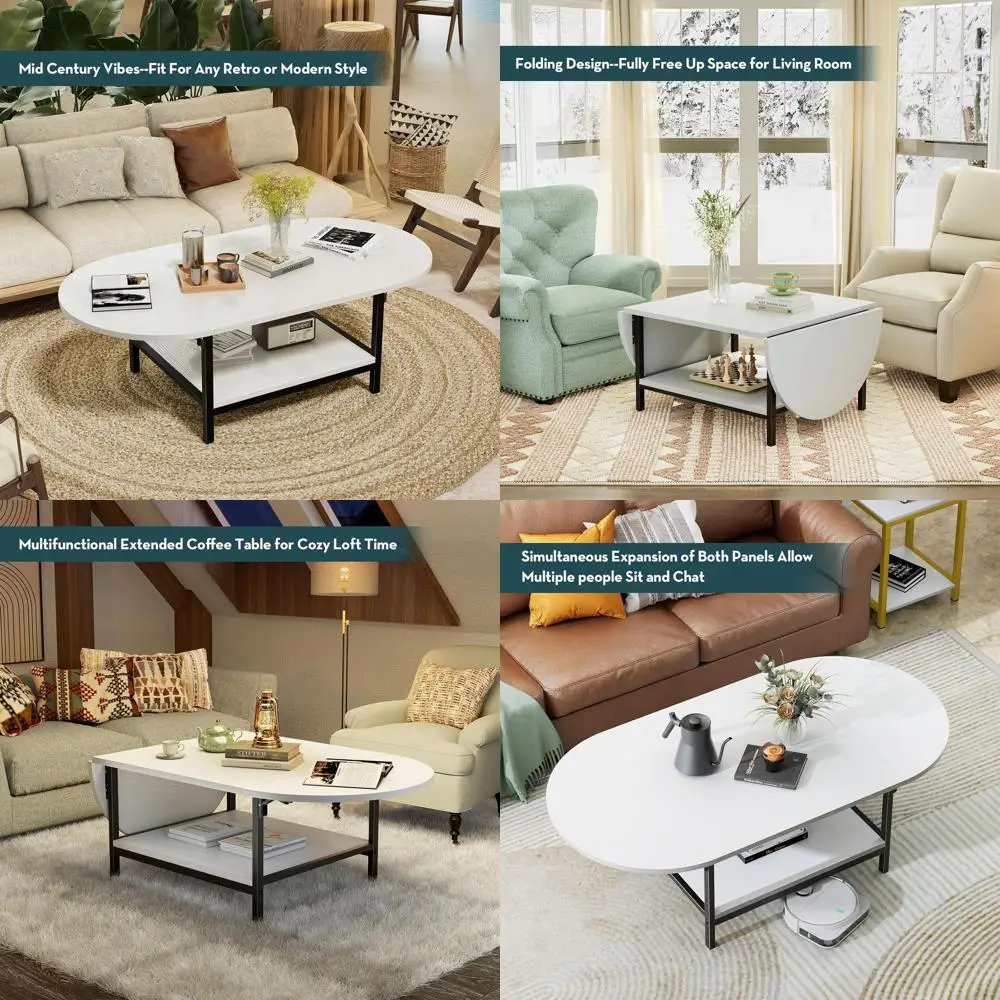 White 2-Tier Storage Coffee Table with Foldable Panels for Living Room, Suitable for Any Space