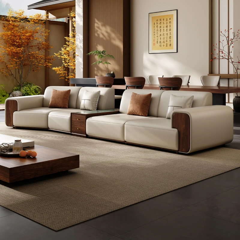 Black walnut solid wood leather inline sofa Song Dynasty aesthetic high-end villa new Chinese style living room home 2025