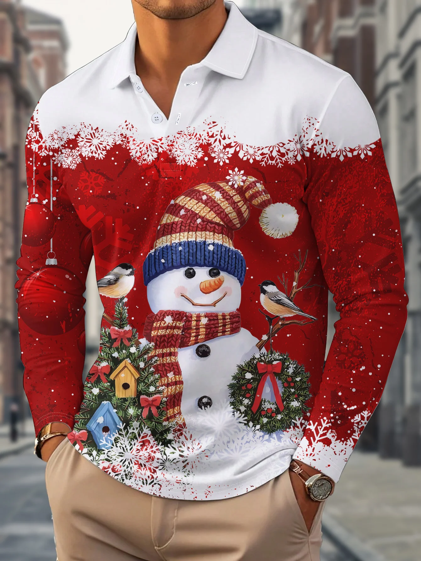Feliz Navidad muñeco de nieve con botones para hombre, Polo de manga larga, moda de vacaciones, otoño, Camisa estampada 3D, Tops de regalo para festival