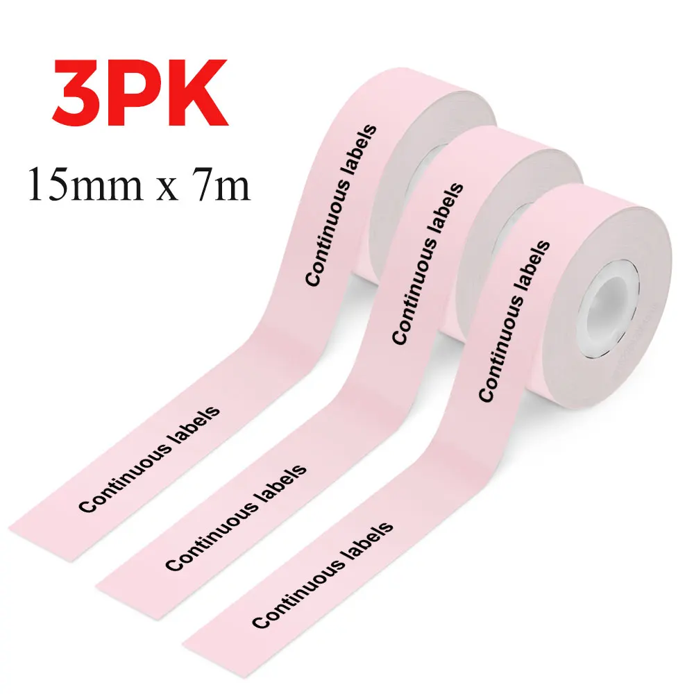 3 pieces Pink Continuous Paper Label Sticker Self-adhesive Thermal Roll Paper work for P12 Mini Wireless Label Printer 15mm x7m