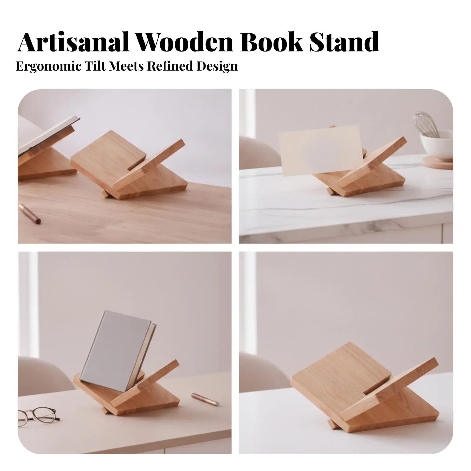 Rubber Wood Book Stand for Reading with Raised Edges Tabletop Page Holder for Kitchen Bookshelf Decor
