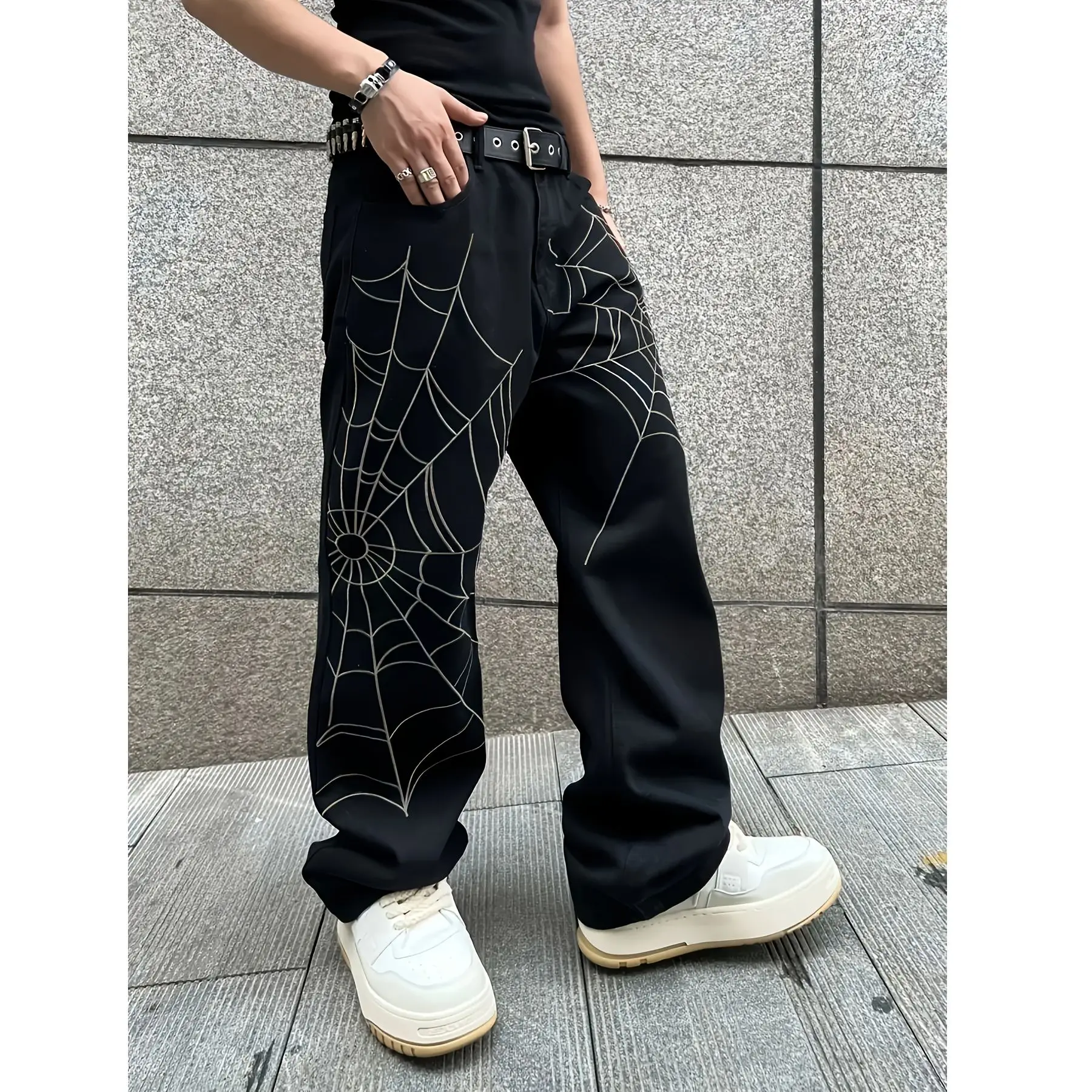 جينز فضفاض للرجال بتصميم شبكة العنكبوت القوطية، جينز مع جيوب ملابس العمل، التزلج، ملابس العمل السوداء في الشارع، كبير الحجم #2