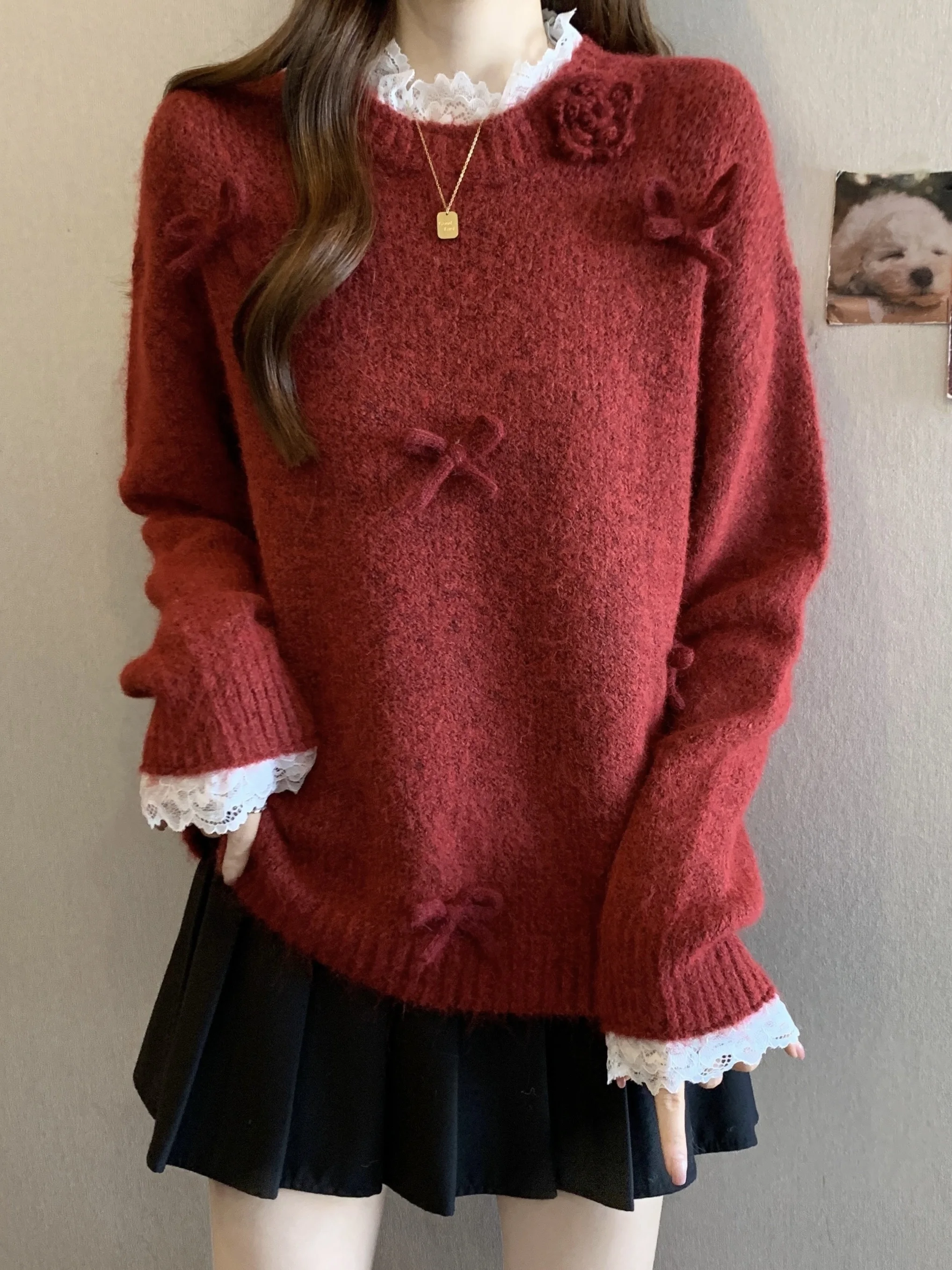 

Red Lace Splice Thiened Knitted Sweater Women's Autumn Winter Large Size Soft Cozy Fem Faion Loose Sle High Waist