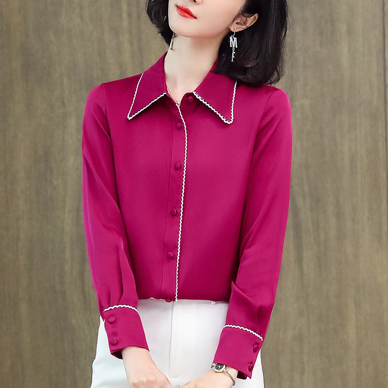 

Элегантные модные блузки и рубашки для женщин: весенне-осенние, с отложным воротником, длинным рукавом, из натурального шелка, для офиса