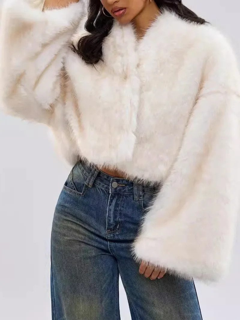 UCXQ Vinatge Faux Fur Coat European Style V-neck Loose All Match Temperament Elegant Warm Jacket Women 2024 Autumn Winter C1908