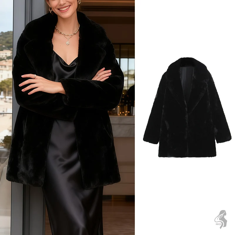 

Black Loose Mid Length Plush Coat For Women With Lapel Design Warm And Stylish For Autumn And Winter Commuting Woman Clothes