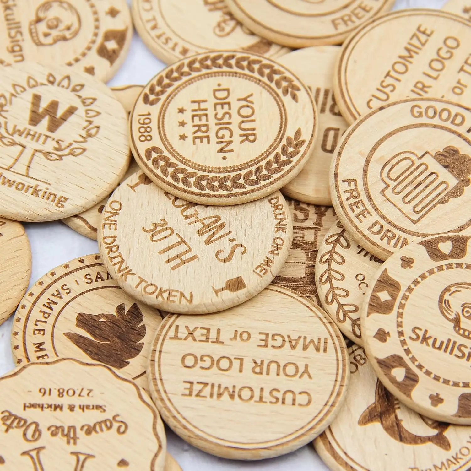 100 Custom Wood Drink Tokens 40mm Drink Chips Double Sided Laser Engraved Your LogoText Wooden Poker Chips for Bar Party Wedding